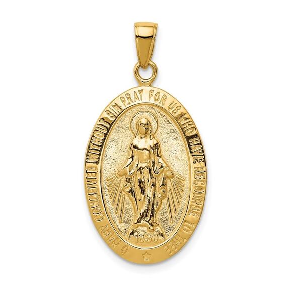 14k Yellow Gold Solid Oval Miraculous Medal Pendant 16 x 32mm